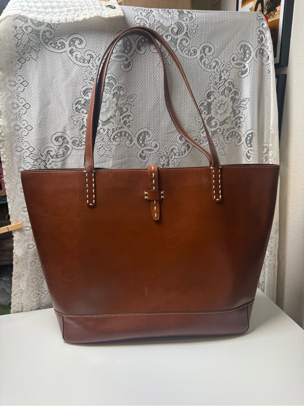 Vintage El Portal Chestnut Leather Tote Bag. Whipstitch Shoulder Bag Organizer